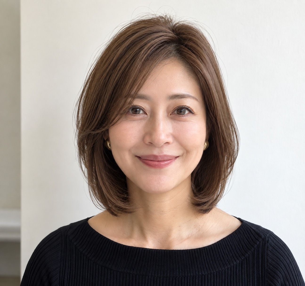 明るい白髪染めの仕上がりイメージ。明るいブラウンのボブスタイル