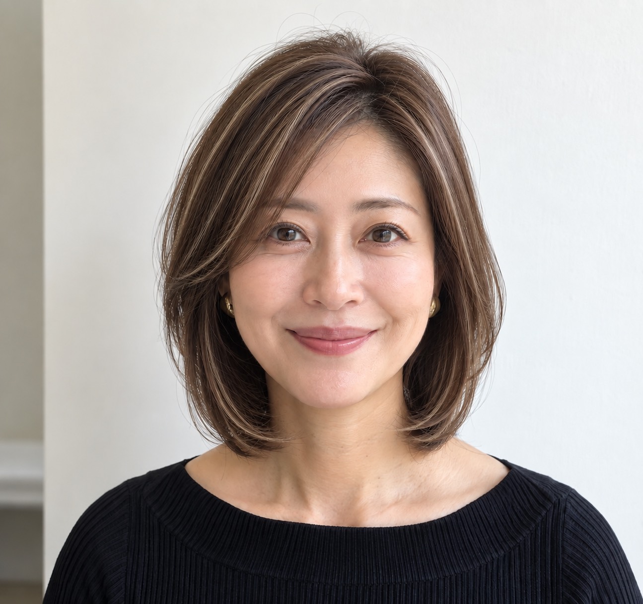 白髪ぼかしハイライトの仕上がりイメージ。細い明るい筋が入ったブラウンのボブスタイル